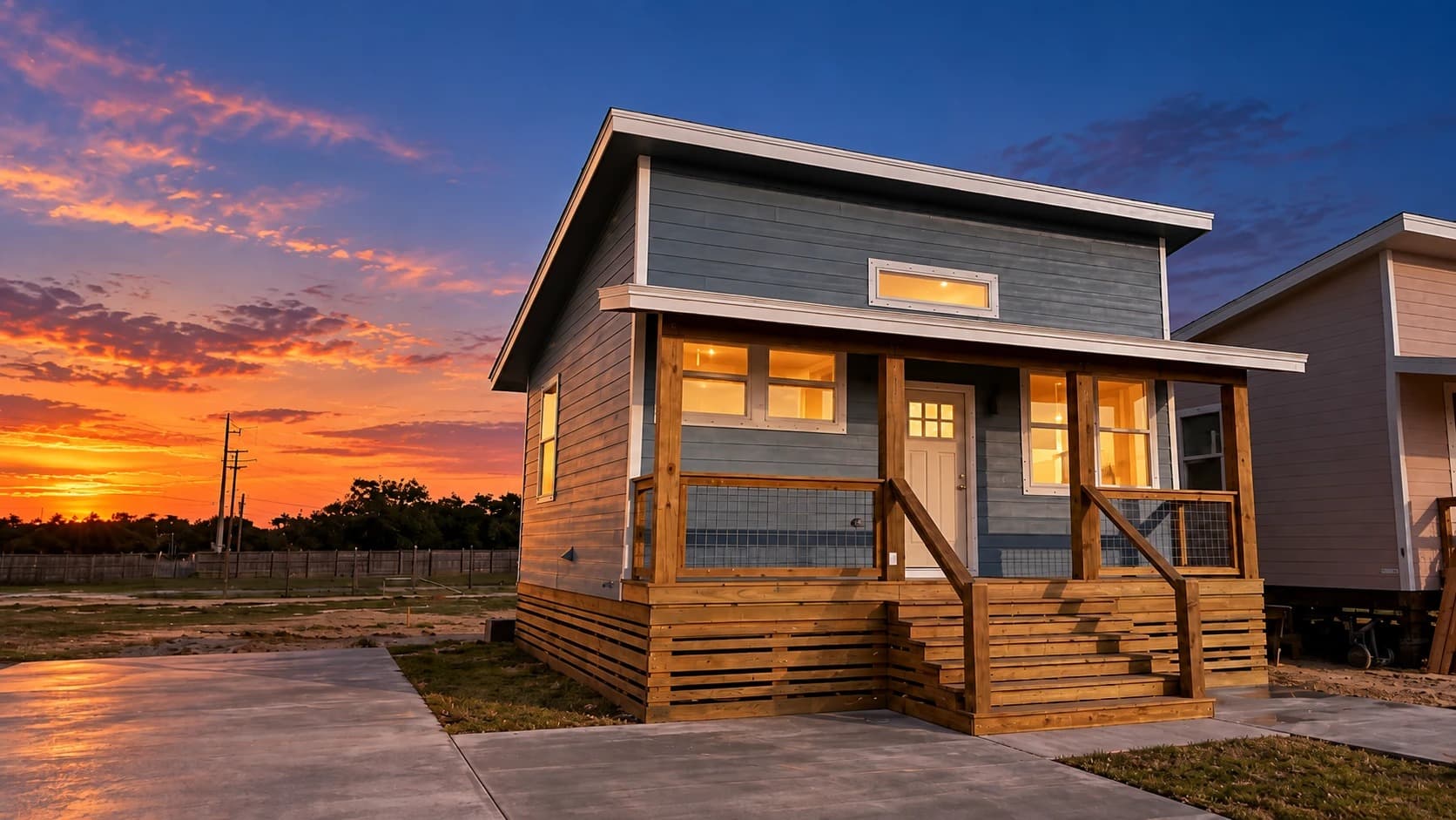 A Cape Cottage at sunset with the windows lit